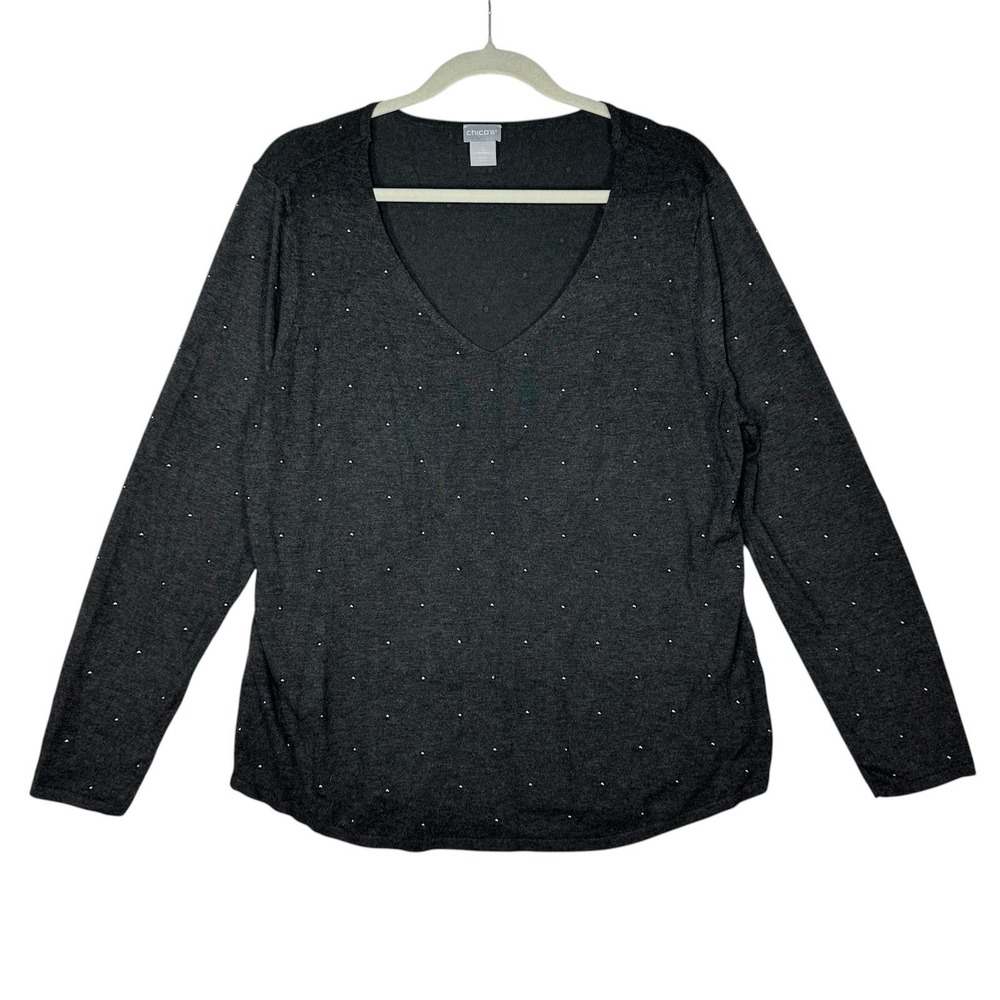Chico's Size 2 Rhinestone V-Neck Sweater L Charcoal Gray Sparkle Knit Minimalist